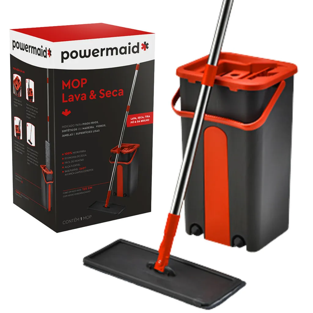 Mop Limpeza Rodo Mgico Giratrio Esfrego Balde Flat Flash Powermaid